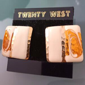 TWENTY WEST Vintage 1980's Square Shaped Ivory Enamel w/ Bronze & Gold Earrings